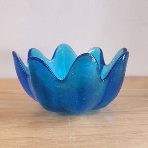Vintage Blenko Cobalt Blue Glass Dish Bowl Fluted Lotus Flower Trinket Decor